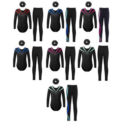 Girls Long Sleeve V Neck Shiny Rhinestone Contrast Color Gymnastics Leotard Set Complete with Leggings Hair Band