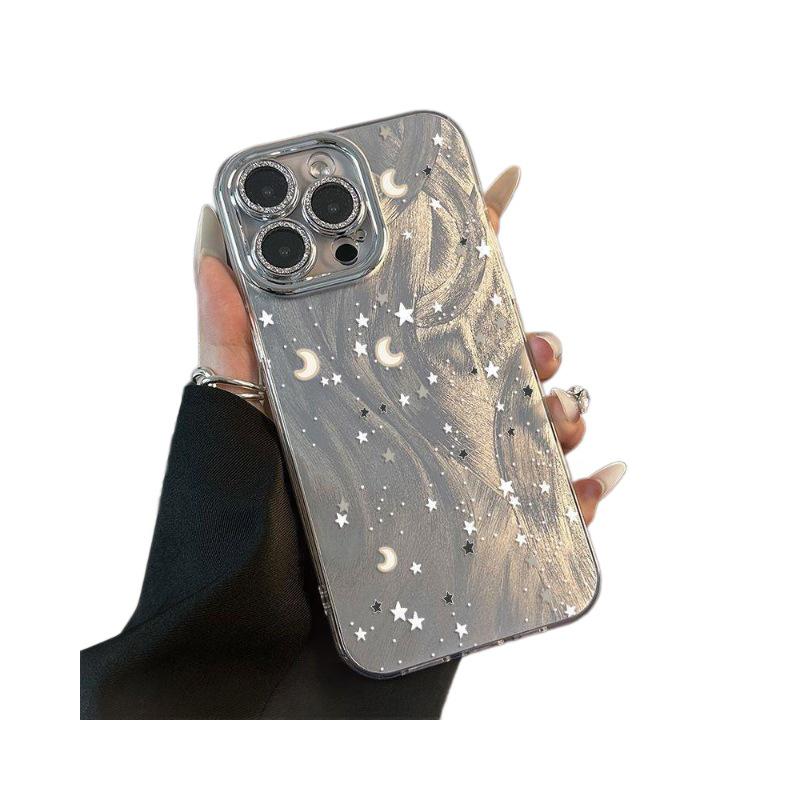 Star and Moon Ink Design Phone Case for Apple 17 Pro Max with Precise Cutouts & Feathery Yarn, Includes 16 Lens Film for 14 & 13 Models