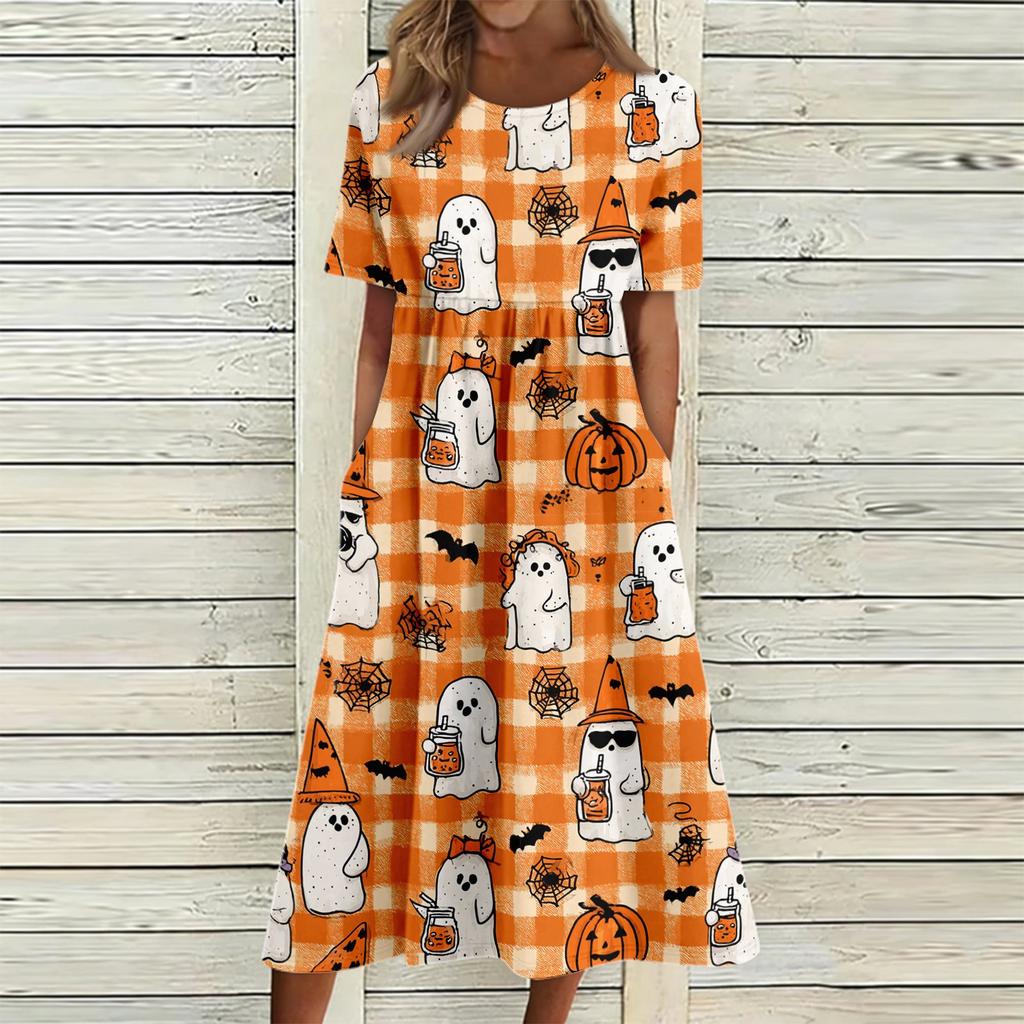 Women's Halloween Printed Casual Dress - Round Neck with Pockets, Relaxed Fit for Women