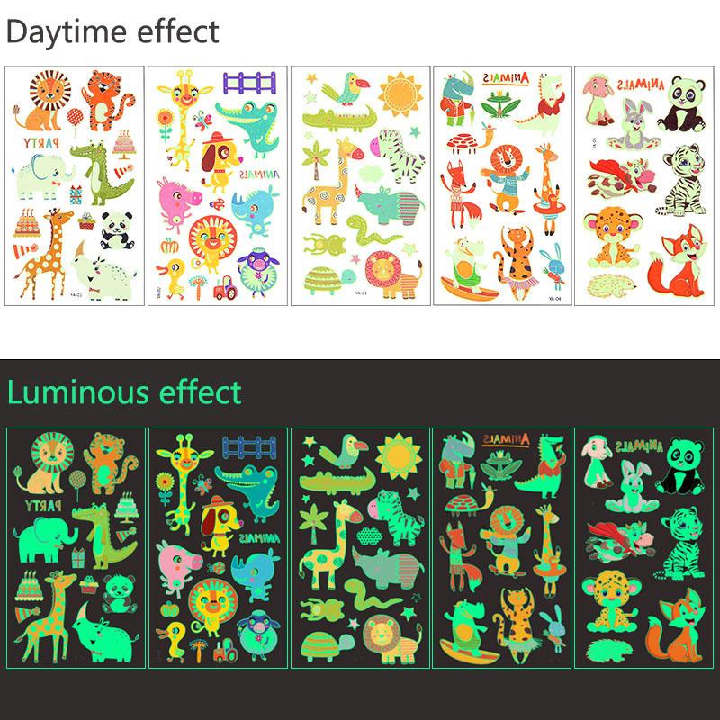 5pcs Luminous Tattoo Stickers Child Kid Temporary Fake Tattoos Glow Paste on Face Arm Leg for Children Body Art Mermaid Dinosaur
