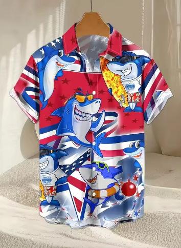 Men s shark print short-sleeve button-up beach shirt casual summer Hawaiian style men s casual vacation shirt XXS