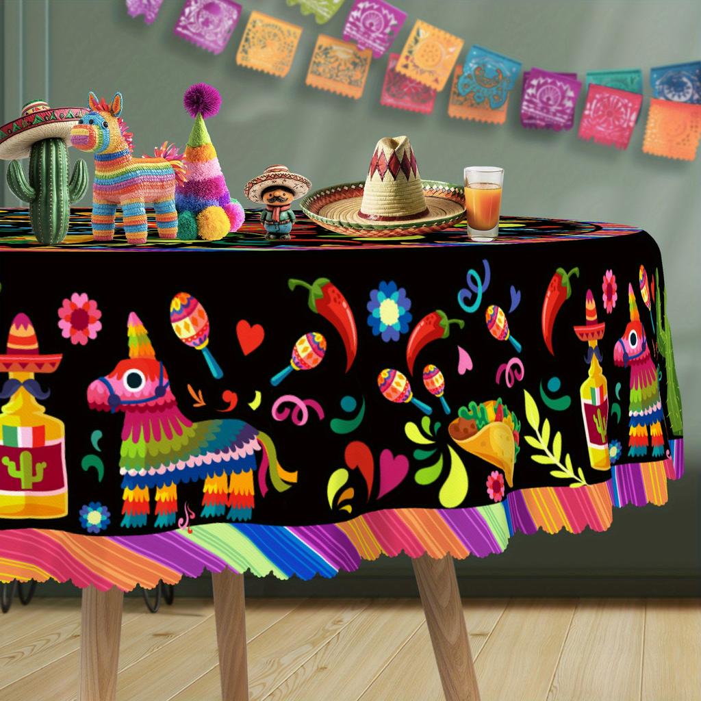 1 piece of Mexican-themed floral tablecloth, featuring guitar, cactus and pony design - bright polyester round shapezyc