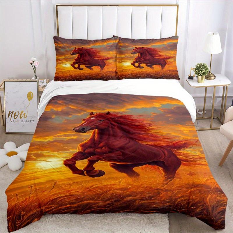 3pcs Horse Sunset Bedding Set Down Comforter Cover and Pillowcases, Suitable for Guest Room Home Decoration All Seasons(No Insert) S0819027