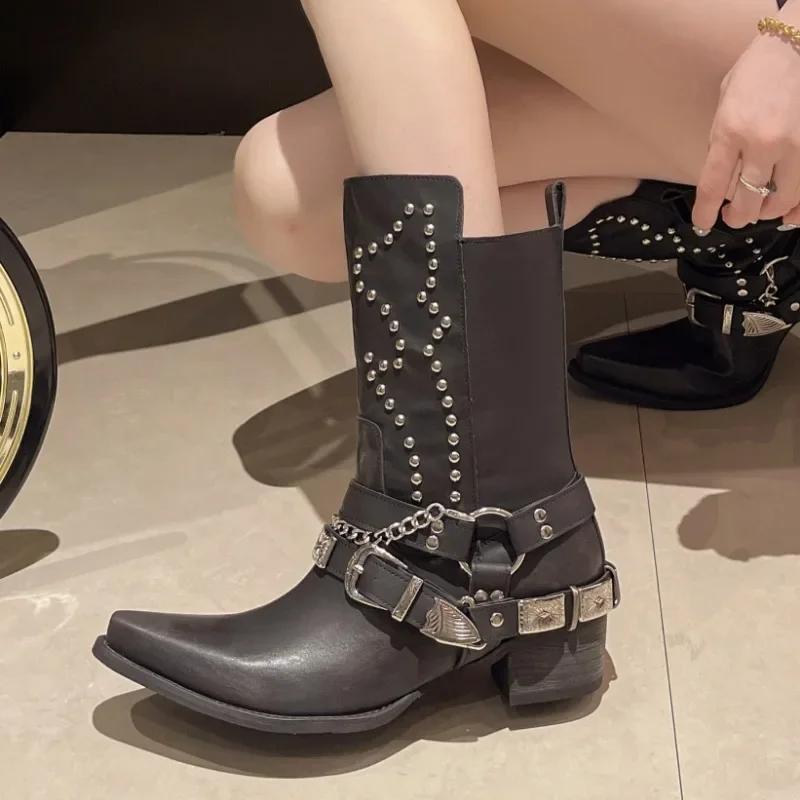 Mid-heeled Chelsea Boots Womens Chain Shoes Winter Thick-soled Mid-tube Boots Designer New Trend Women's High-heeled Short Boots