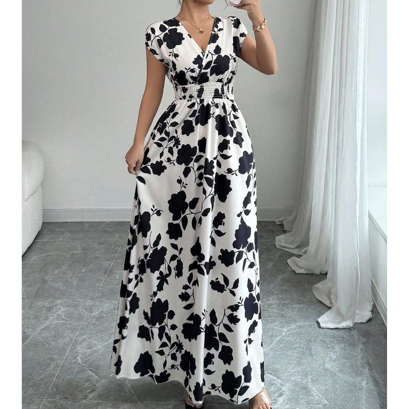 

Платье на шнуровке с коротким рукавом Новинка Платье с принтом и V-образным вырезом Летнее Облегающее талию Женская одежда Black and white Dress L