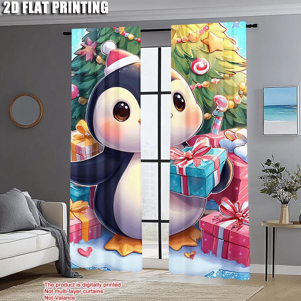 2pcs,2D Plane Printing Curtain Popular Merry Christmas Penguin with Santa Hat & Candy Canes Polyester Easy Install (without Rod)