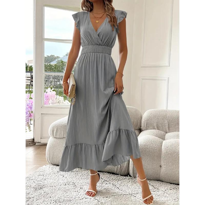 Damen Sommer V-Ausschnitt Rüschen Kurzarm Maxikleid Raffung Elastische Taille Fließend Lässig Strandurlaub Sommerkleid