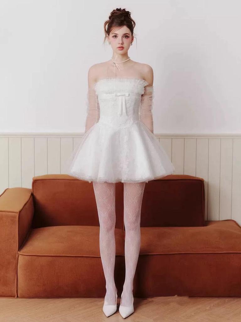 French Fairy Lace Bandeau Dress with Mesh Ribbons & Cinched Waist A-line Skirt for a Slimming, Fluffy Rich Girl Look