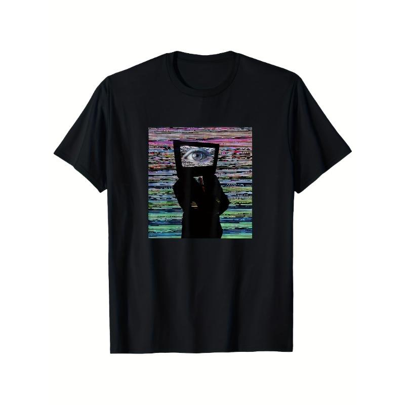 Unique Weirdcore Style Patterned Tshirt with Glitch TV Head Design Regular Casual Round Neck Tshirt In Black Color
