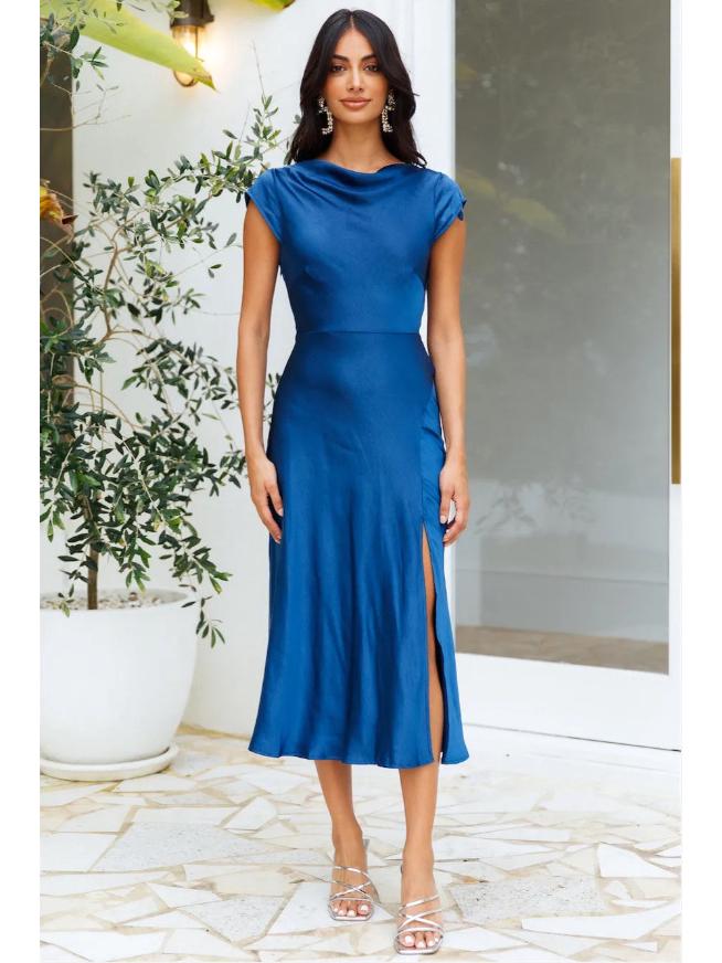 Damen Satin Kleid mit Wasserfallausschnitt, Rückendrehung und kurzen Ärmeln Large blau