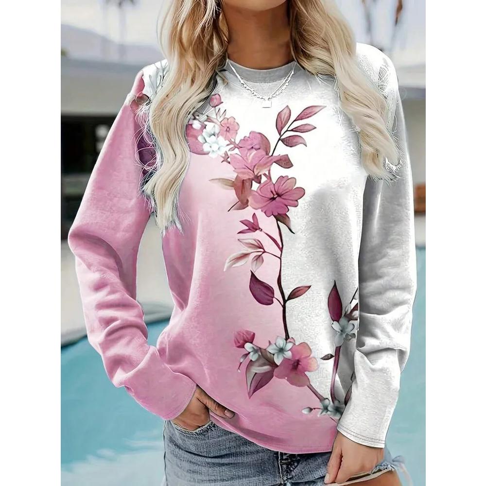 Fashion Versatile Flower Print Women's Top Long Sleeve Casual Loose T-Shirts Women’s Pullovers Long Sleeves Women’s