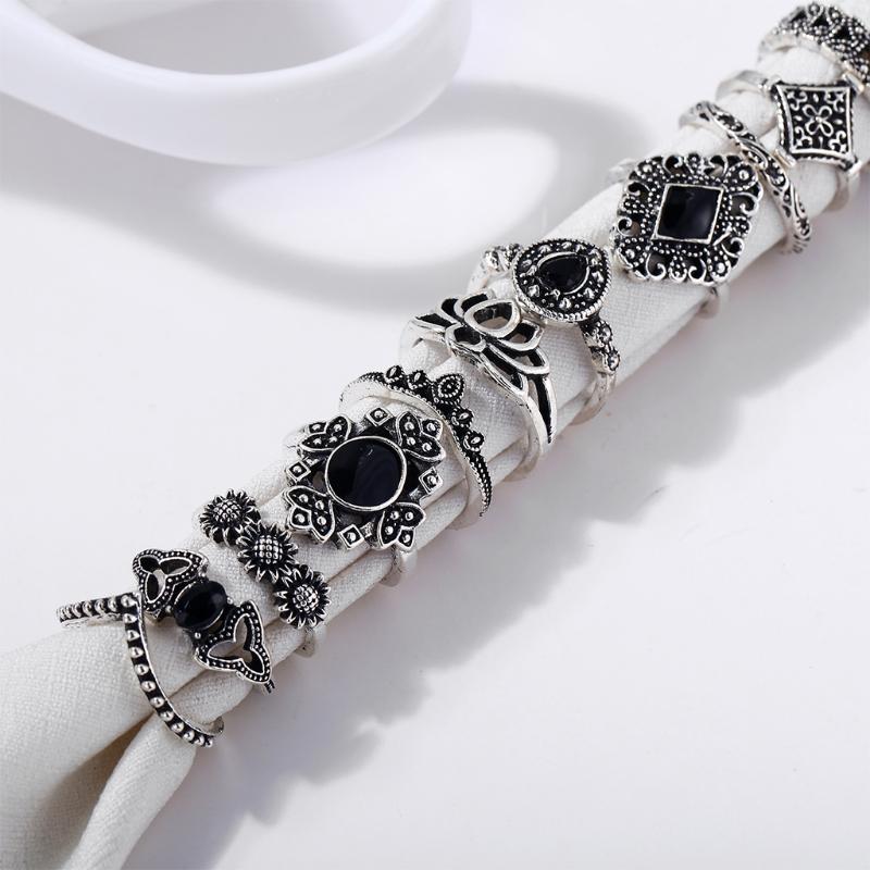 15Pcs Vintage Silver Joint Knot Rings Set Women Bohemian Stackable Joint Finger Rings Retro Stone Crystal Stacking Rings