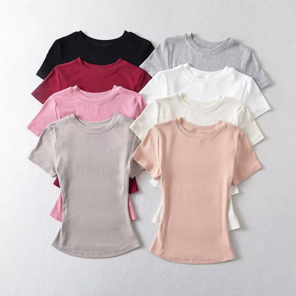 Trendy Women's Ribbed Slim Fit Short Sleeve T-Shirt with Sexy Round Neck and Straight Shoulders.