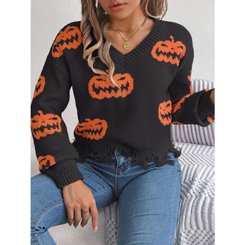 

Осенне-зимний Хэллоуинский пуловер с длинным рукавом и тыквенным колор-блоком, женская одежда L чёрный