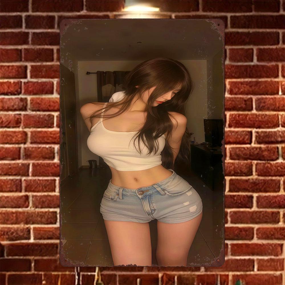 

HD Tin Sign Vintage Asian Girl in White Crop Top Denim Shorts Metal Wall Art Retro Decor for Home Bar Cafe 20x30cm（7.8x11.8inch）