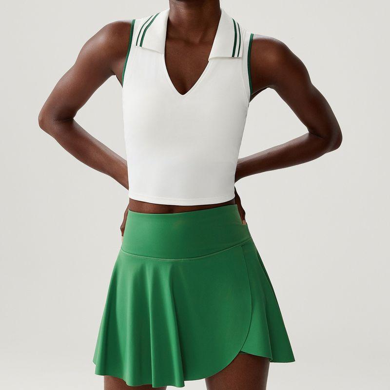 

Tennis Suit Suit Women s Polo Collar Sports Vest Fashion Tape Pocket Yoga Skirts Fitness Suit Suit Two-piece Set Green White/gin Green (vest + skirt) XL
