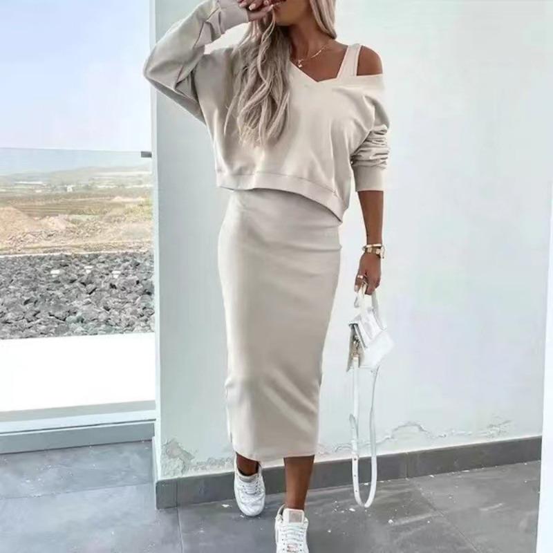 Spring and Autumn Women's Vest Dress V-Neck Long Sleeve Sweatshirt Knitwear Skirt Suit