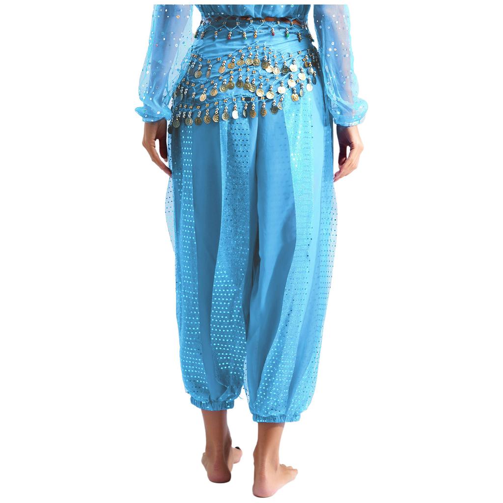 Damen Bauchtanz Bloomers Haremshose Elastischer Bund Paillettenbesetzte Schicht Schnürung Hüfttuch Halloween Kostüm