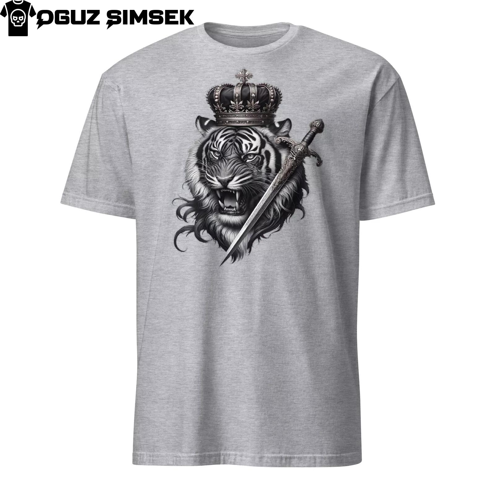T-Shirt Mens Womens Tees Top - Unique Tiger with Crown and Dagger Design - Trendy Graphic Tee XL