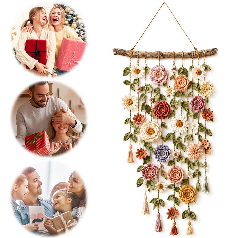 Handmade Cotton Floral Crochet Macrame Hanging Soft Artisan Wall Piece Boho Farmhouse Indoor Wall Art Ornament for Home Room