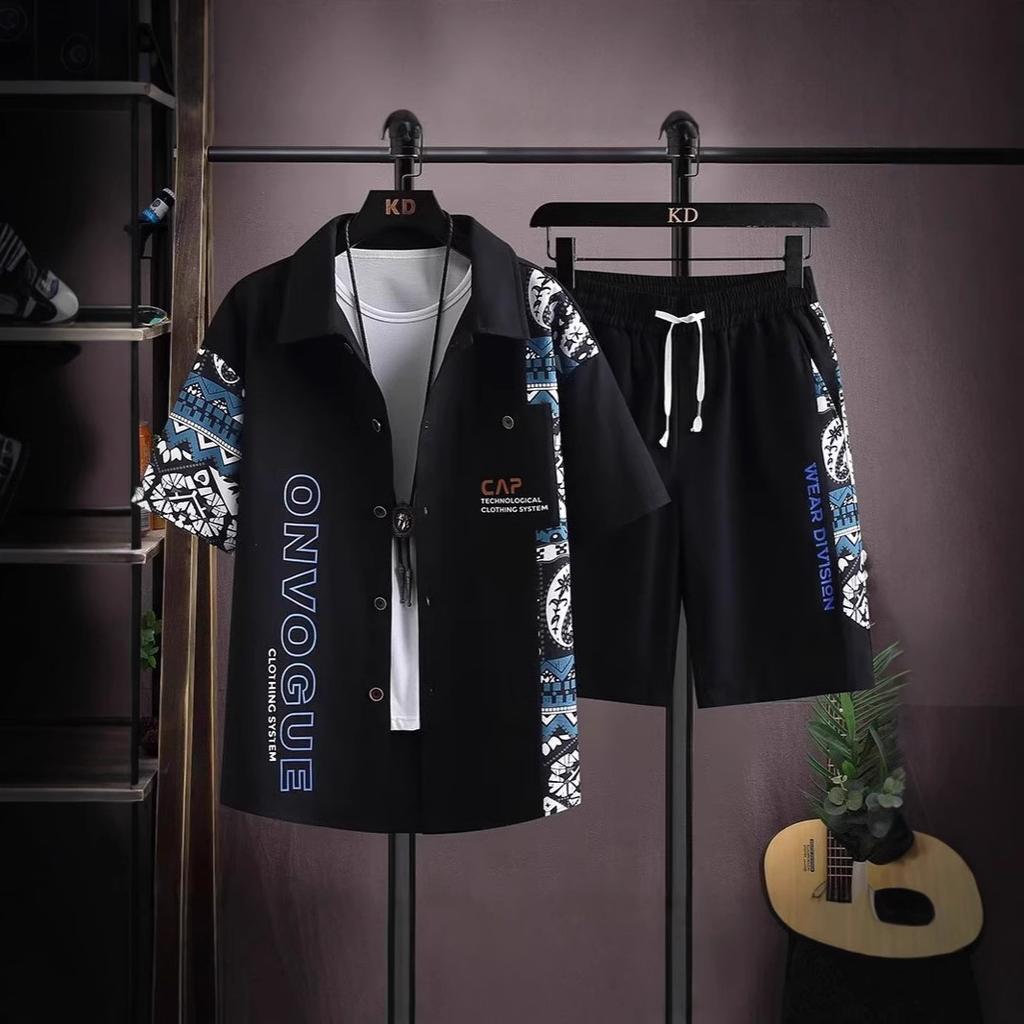 Summer Loose Fit Ort Sve Irt Set for Plump Men Lightweight Faionable Two-Piece Polyester Blend Elastic Fiber Silk Si