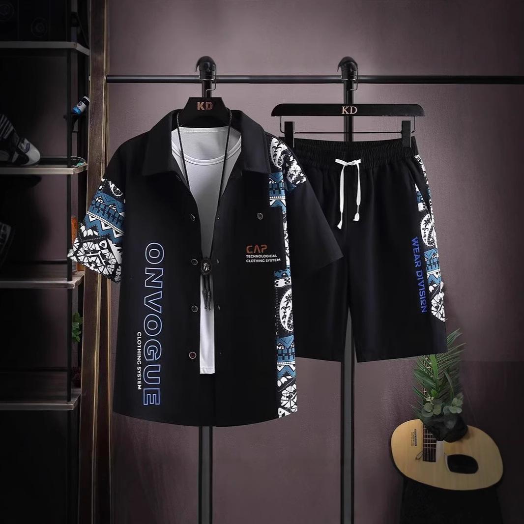 

Summer Loose Fit Ort Sve Irt Set for Plump Men Lightweight Faionable Two-Piece Polyester Blend Elastic Fiber Silk Si S чорний