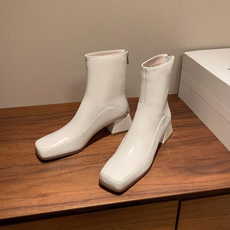 South Korea Dongdaemun thick heel square head short boots women's zipper leather Internet celebrity boots versatile Korean women's leather boots