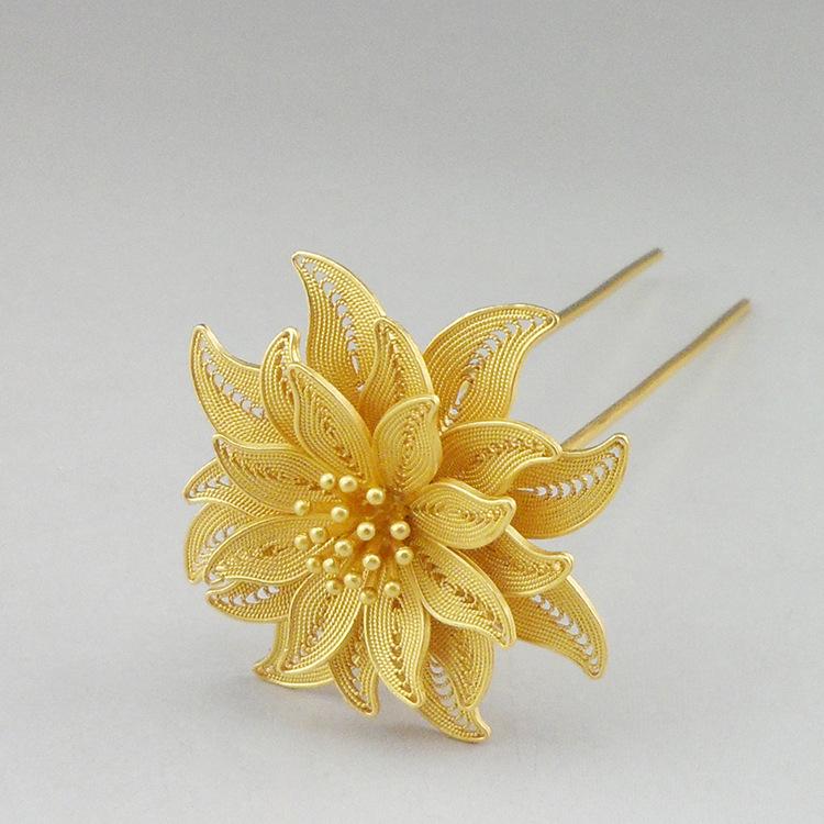 Yinxiu Qiancheng Handmade Silver Hairpin - Gold Plated, Hanfu Wedding Cheongsam, Chinese Style Jewelry Gift 14±1g