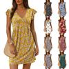 Women’s V Neck Short Sleeve Floral Print Casual Mini Dress Lightweight Summer Loose Fit Beachwear