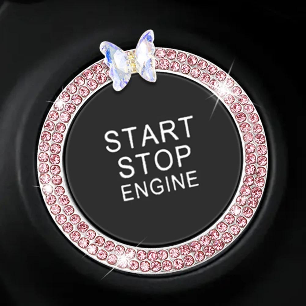 Rhinestone Crystal Butterfly Ring Car Ignition Button Decorative Cover Anti-Corrosion Easy To Install Car Accessories Interior