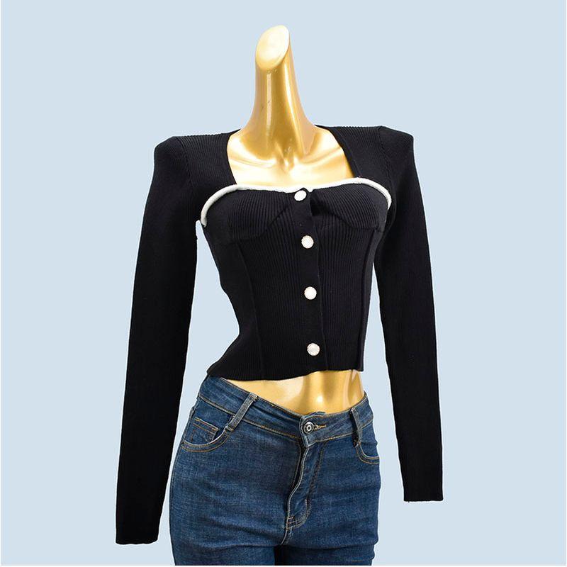 Sweet and Spicy Chic High Quality Thick Spring and Autumn Square Collar Short Silm Sexy Long Sleeves Knitting Soft Glutinous Cardigan Women