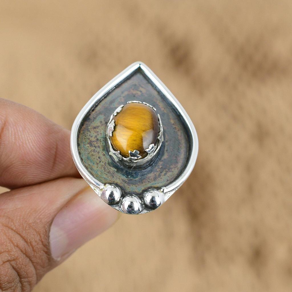 Natural Tiger'S Eye Gemstone Promise Adjustable Ring 925 Sterling Silver Jewelry