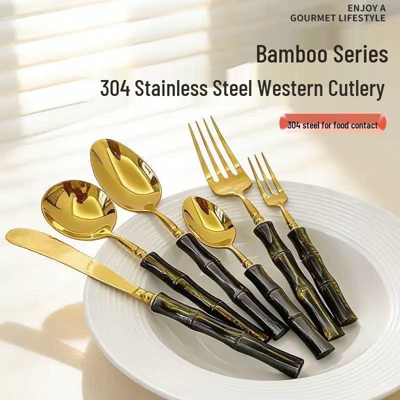 304 Stainless Steel Gold Cutlery Set with Violet Acrylic Bamboo Joint Handles: Includes Knife, Fork, and Spoon for Hotel Light Luxury Use.