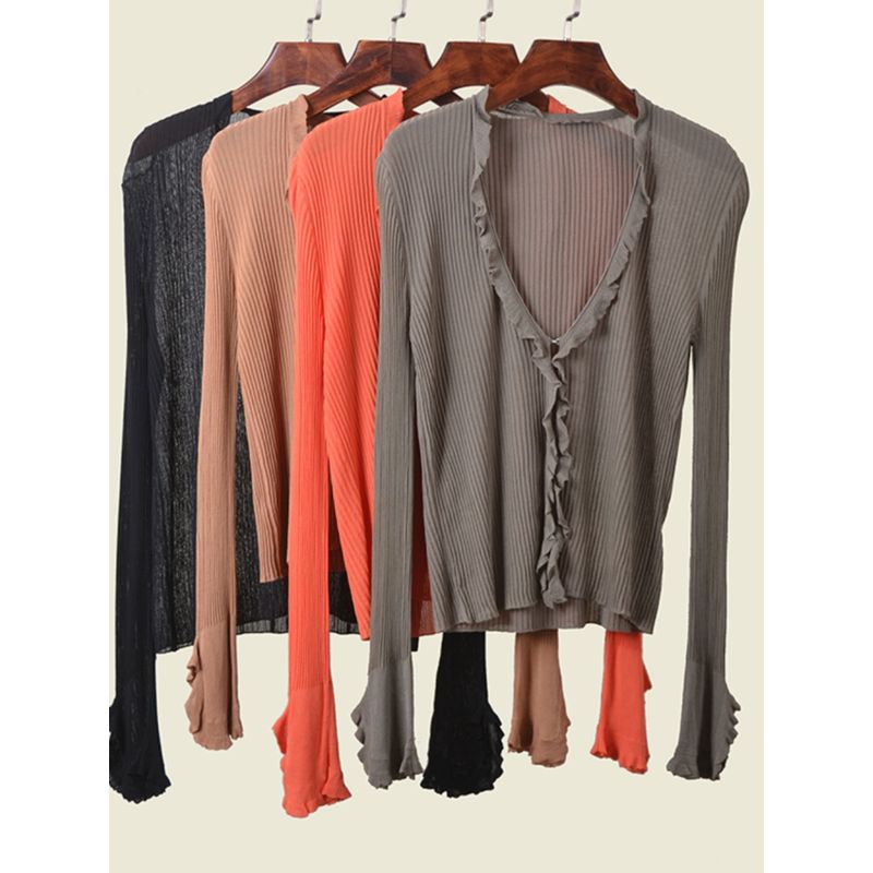 Ruffle V-neck Thin Type Sunscreen Blouse Long Sleeves K-style Spring Ice Silk Knitted Inner Match Slimming Cardigan Sweater