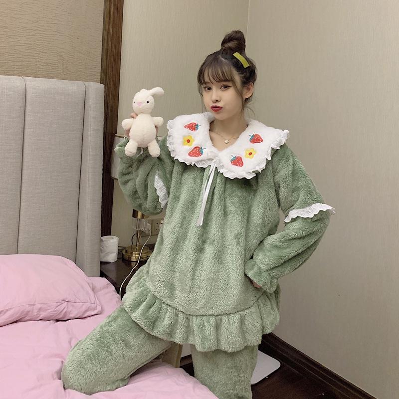 

Женская пижама цвета клубники из фланели — милый, теплый, плюшевый шерстяной комплект с лацканами для осени/зимы