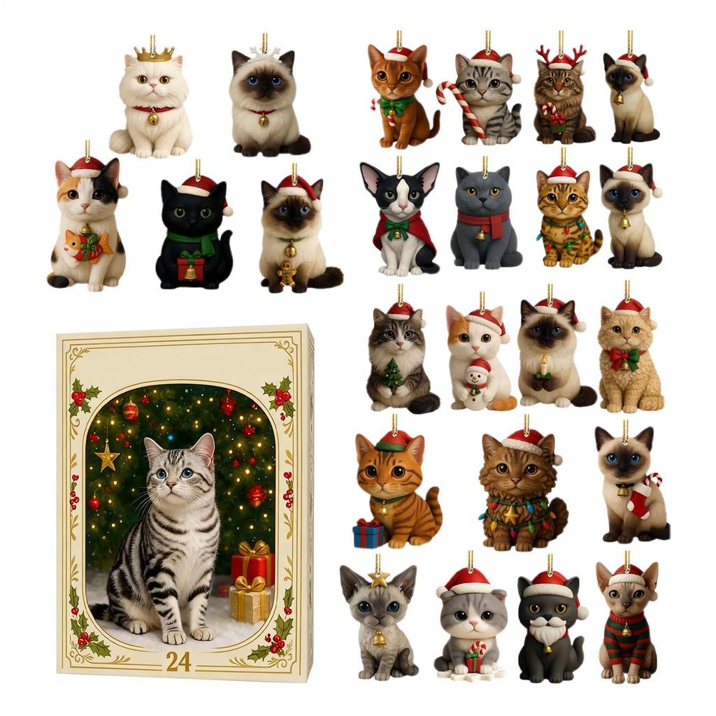 Cat Advent Calendar 2025 24 Days Christmas Countdown With 24 Different Breeds 2D Acrylic Cute Kitten Christmas Tree Ornaments