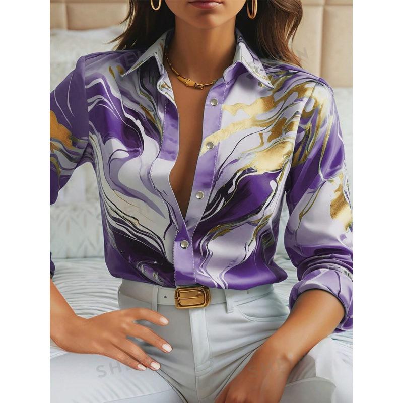 2024 European/American 3D Print Long-Sleeve Loose Turn-Down Collar Shirt.