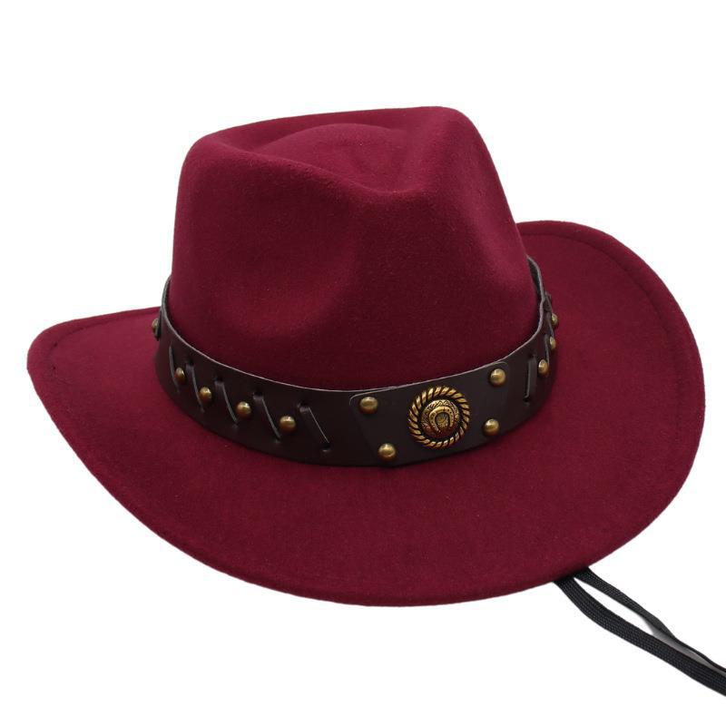 Western Cowboy Hat Tibetan Top Hat Felt Jazz Hat Rolled Edge Felt Hat Rivet Belt Buckle Metal