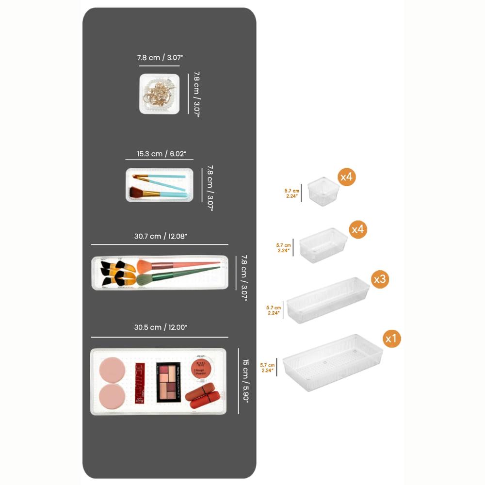 12-Piece Cabinet Jewelry Makeup Organizer - Drawer Organizer Set Transparent