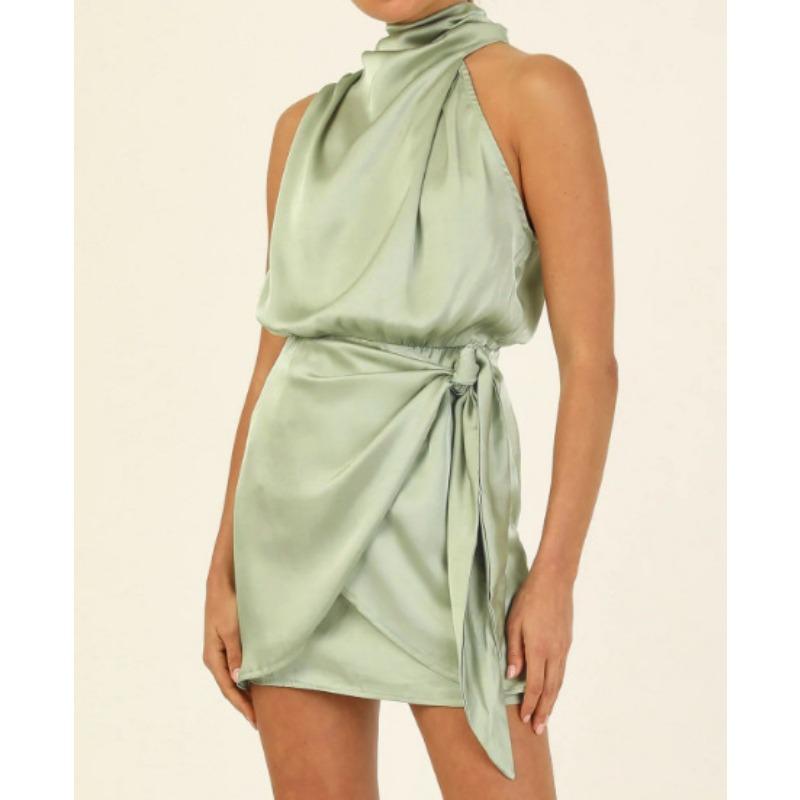 Spring Women's Short Formal Satin Dress Summer Sleeveless Stand-Up Neck Lace-Up Waist Cocktail Party