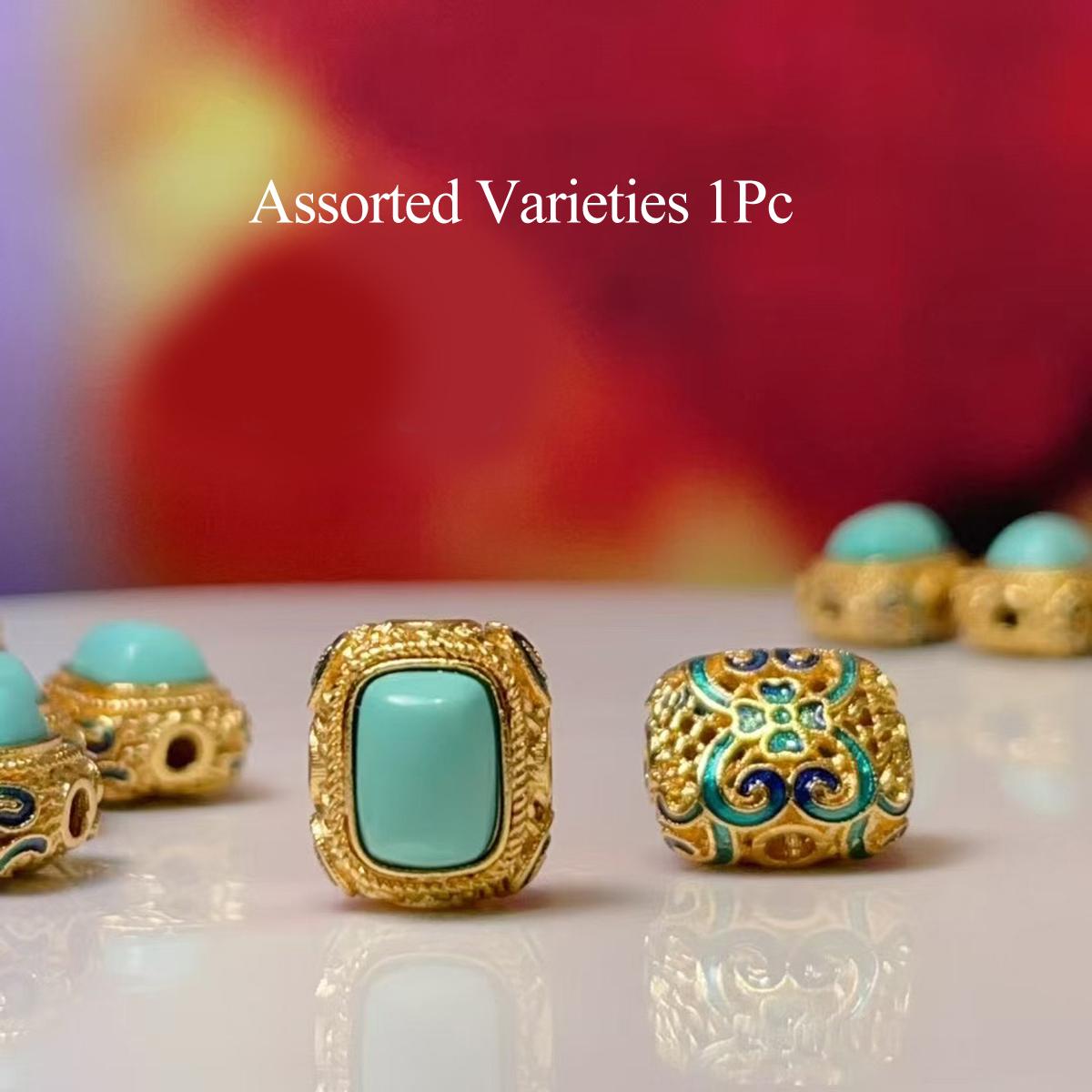 

1Pc, Natural Stone Turquoise Aquamarine beads with hole, Boho handcrafted barrel-shaped beads accented with golden edges for Jewelry Making DIY 1Pc