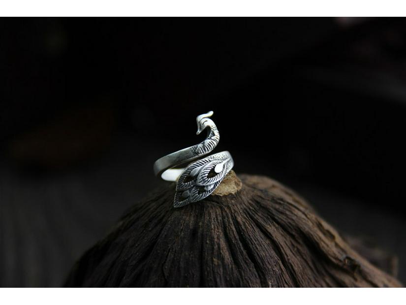 S925 Sterling Silver Peacock Retro Open Ring