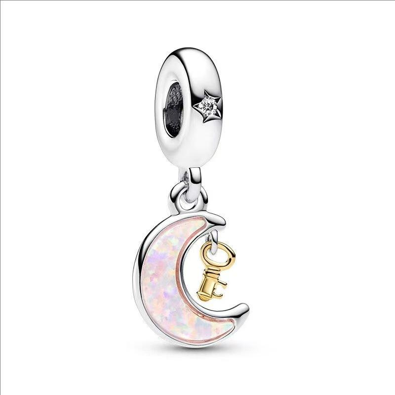 S925 Silver  Train Shell Bell Turtle Insect Moon Heart Bead Pendant Necklace Charm Jewelry