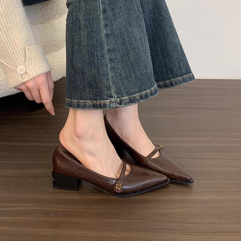 Pointed head shallow mouth single shoes women's middle heel 2025 new French retro commuter brown thick heel Mary Jane small leather shoes
