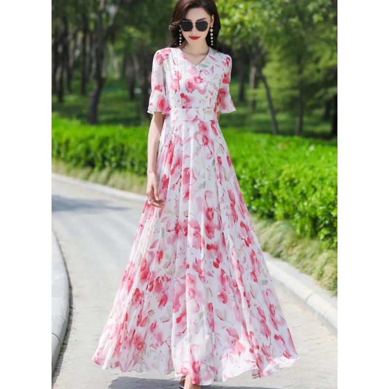 Damen Blumenmuster Maxi V-Ausschnitt Rüschen Kurze Ärmel Hohe Taille Chiffon Freizeit Sommerkleid