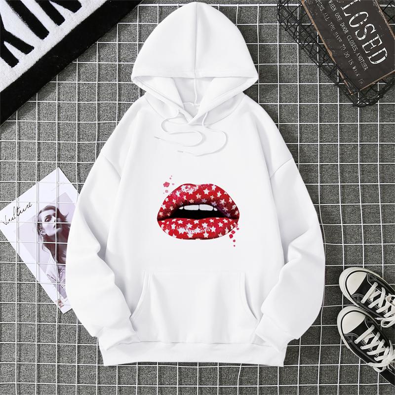 Loose Long Sleeve Women's Hoodie Lip Print Trendy plus Size Cross-Border Pattern Crew Neck Regular Length Girl Style