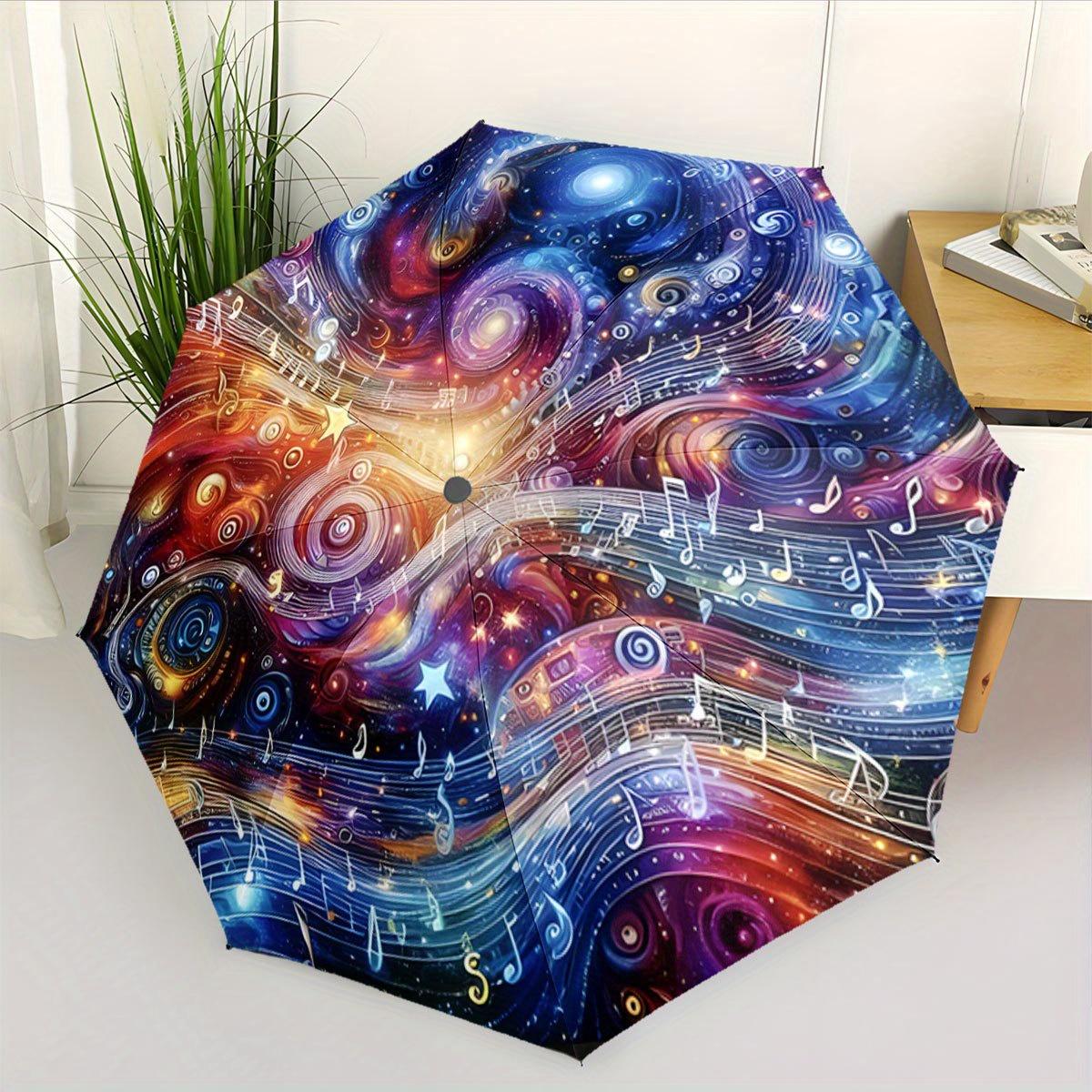 

Automatic Folding Umbrella with Swirling Cosmic Pattern & Musical Notes - 8-Rib Durable Frame, Compact Travel Design, All-Seas (as the picture,iron&8K)