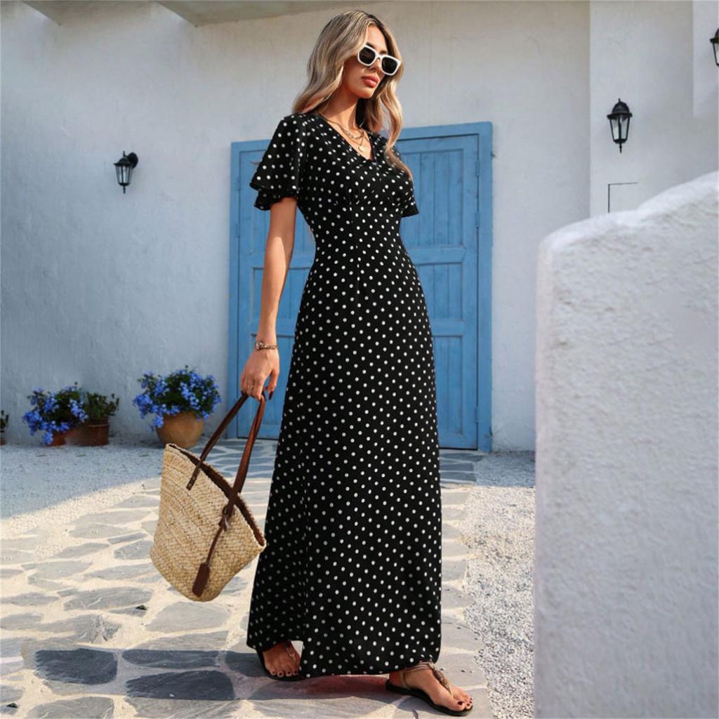Abito Maxi da Donna a Pois con Scollo a V e Maniche Corte, Vestibilità Fluida con Dettagli in Vita e Tessuto Leggero per l'Uso Quotidiano