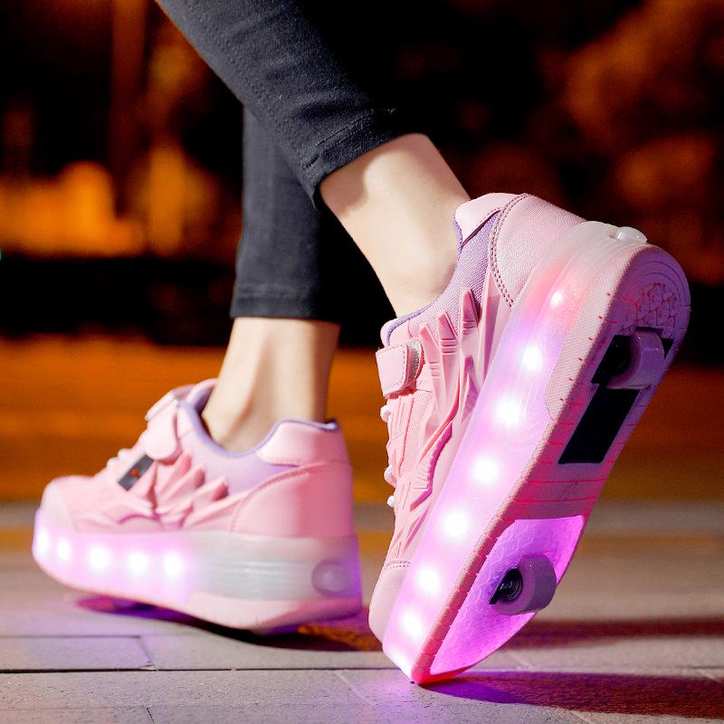 Kids' Luminous Roller Shoes: Four-Wheel Skates for Girls & Two-Wheel Retractable Skates for Boys