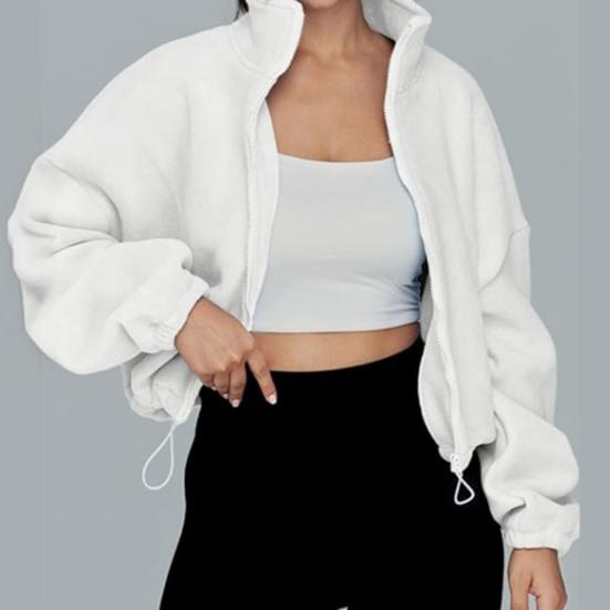 Women's Zip Drawstring Fleece Short Jacket Full Hem Stand Collar Warm